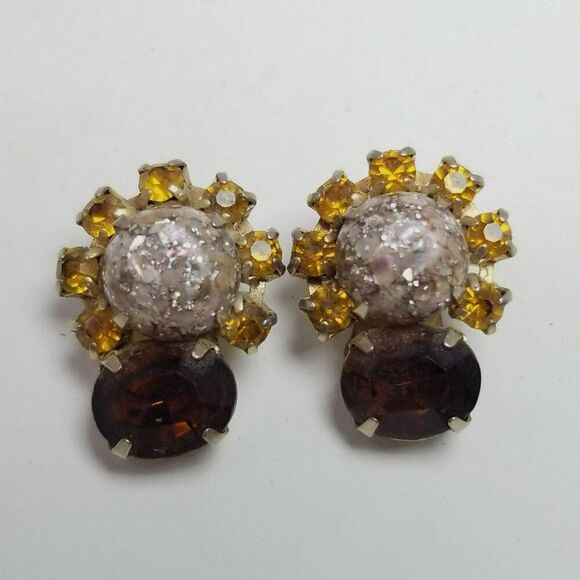 Vintage Cabochon Rhinestone Clip On Earrings, Yellow Brown 50s 60s Style, Estate - Picture 6 of 6